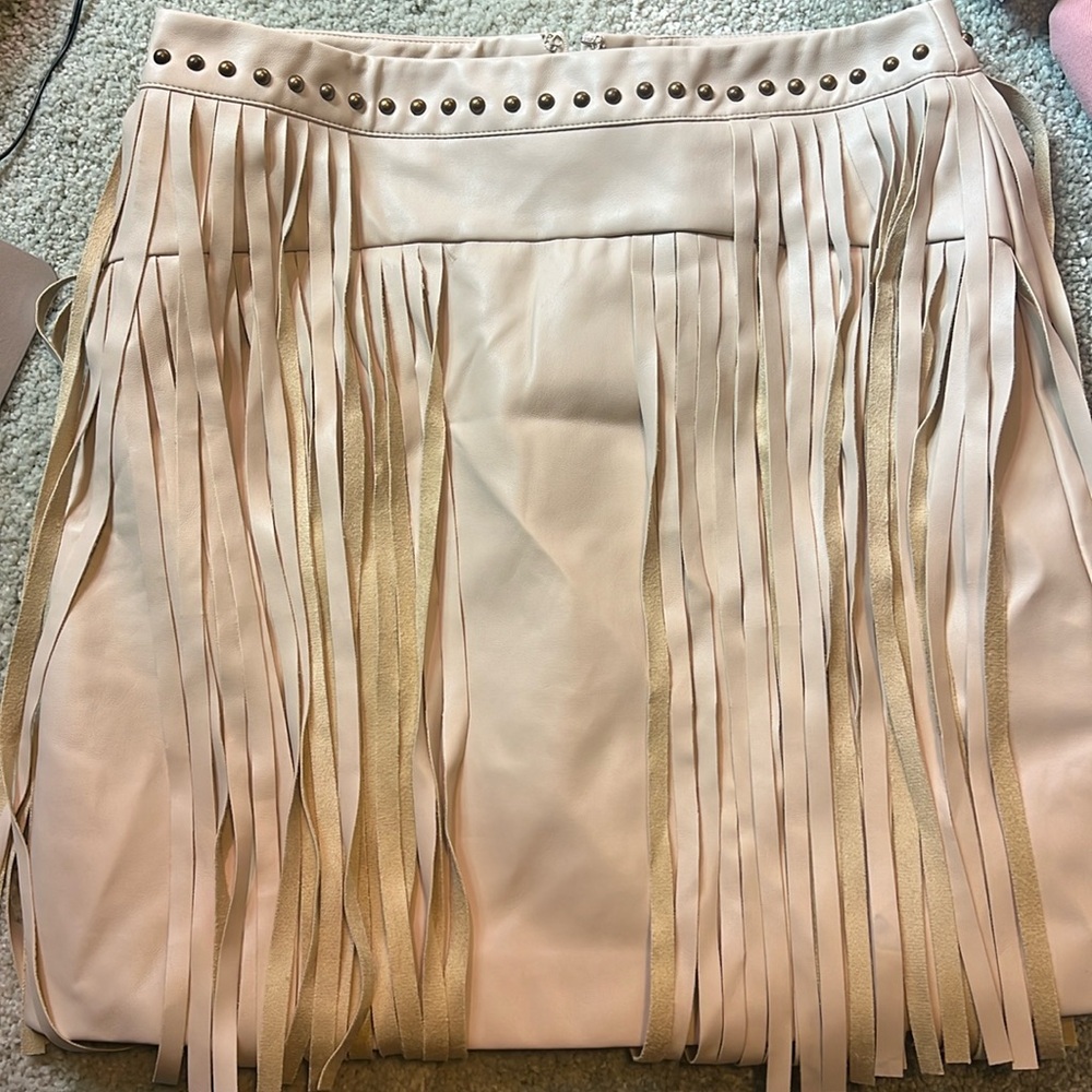 Leather western style tan fringe skirt